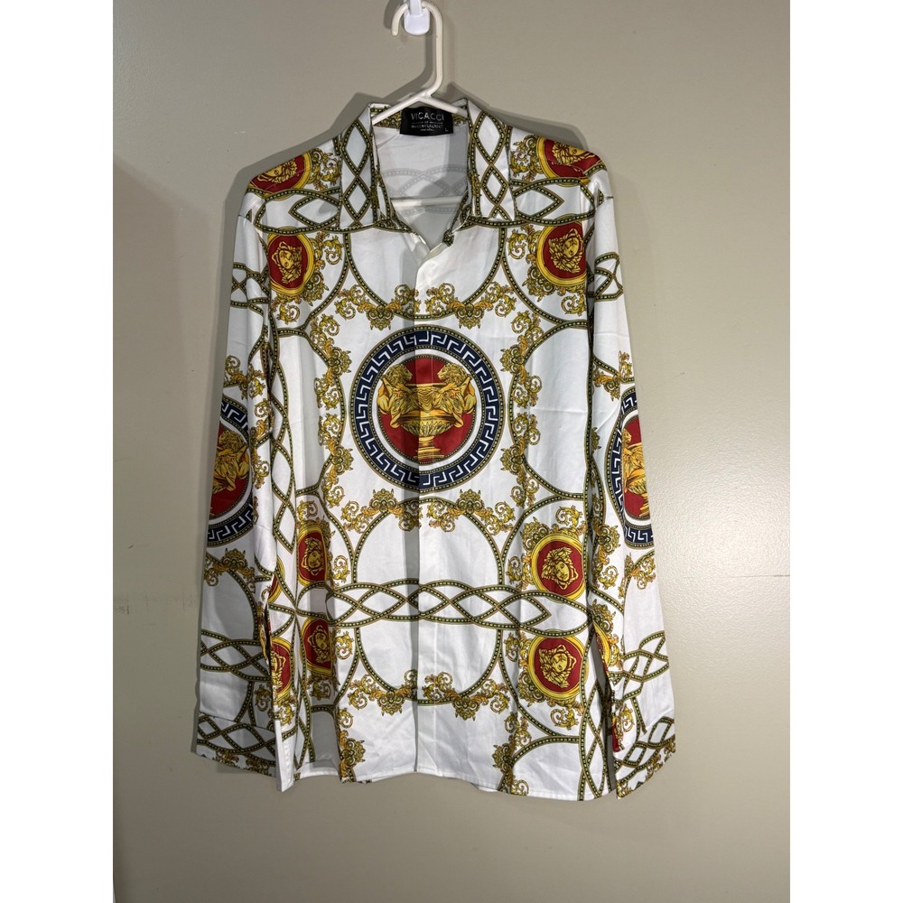 Vicacci Maisonetlaurent Baroque Chain Print Button Up Shirt White Gold Large